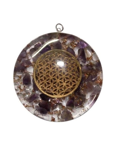 Pendentif Orgonite Améthyste, Quartz & fleur de Vie 4cm