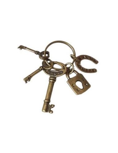 Porte-clés 3 Clés Ouvre-Chemins avec Cadenas et Fer à Cheval – Santé, Amour, Argent et Chance