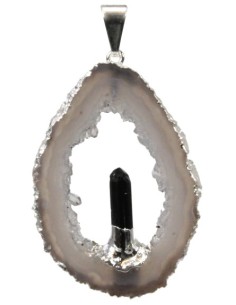 Pendentif argenté Géode d'Agate avec pointe Tourmaline Noire