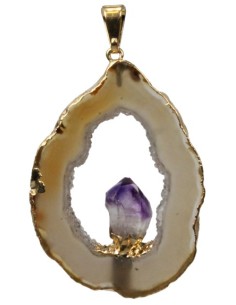 Pendentif doré Géode d'Agate avec pointe Améthyste