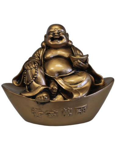 Bouddha rieur sur lingot en résine dorée 9 cm