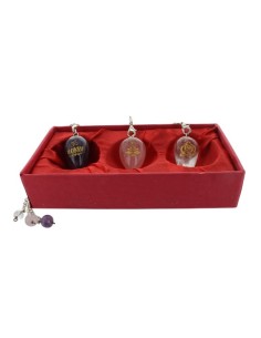 Coffret 3 pendules en pierre gravées : Améthyste, Quartz Rose et Cristal de Roche 2