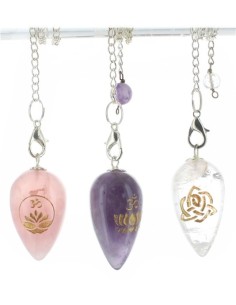 Coffret 3 pendules en pierre gravées : Améthyste, Quartz Rose et Cristal de Roche