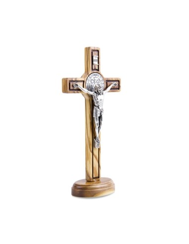 Croix Saint Benoit en bois d'olivier 20 cm - sur base