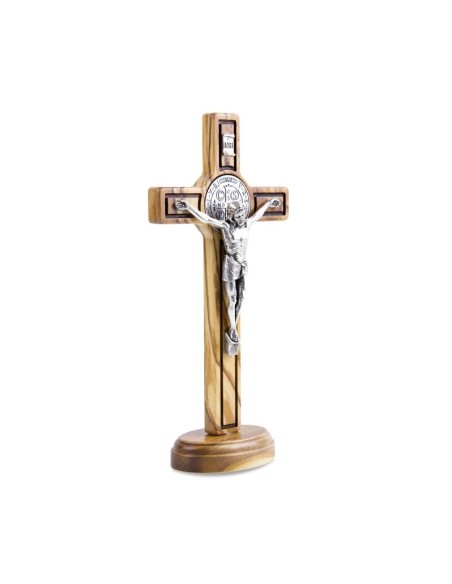 Croix Saint Benoit en bois d'olivier 20 cm - sur base