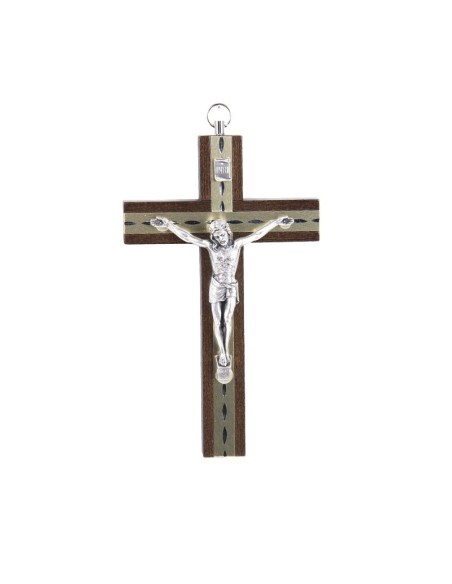 Croix bois brun avec Christ métal argenté - 15 cm