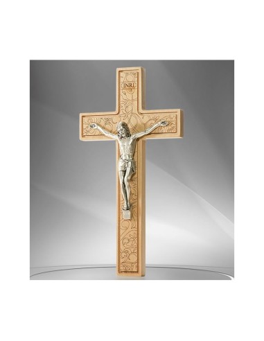 Croix bois sculptée fleurie avec Christ - 20 cm